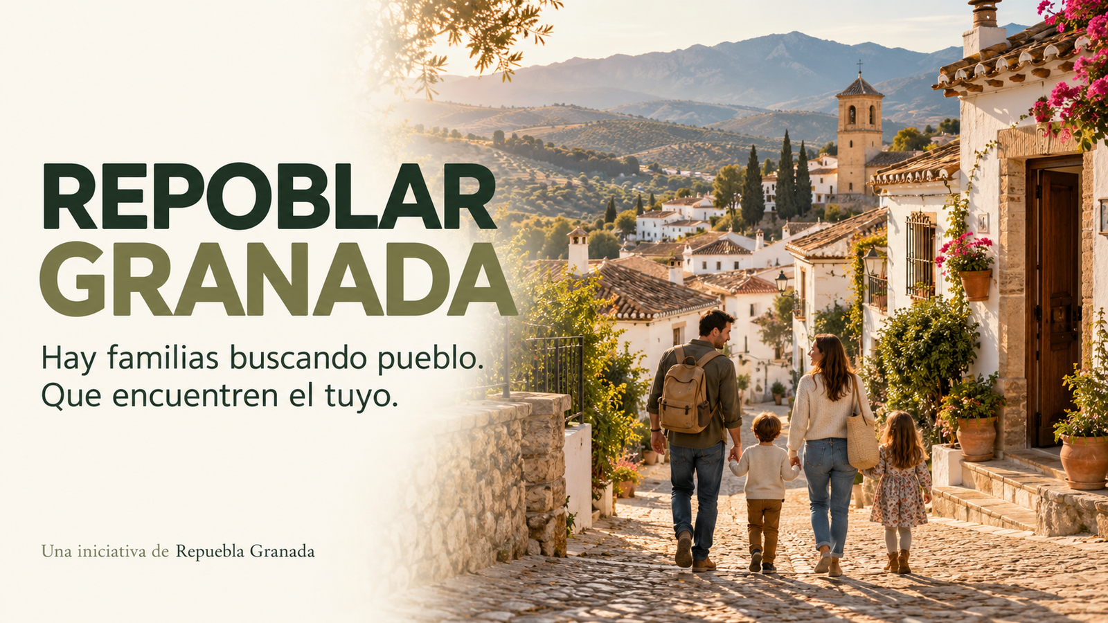Repoblar Granada. Hay familias buscando pueblo. Que encuentren el tuyo. Una familia pasea por un pueblo granadino.
